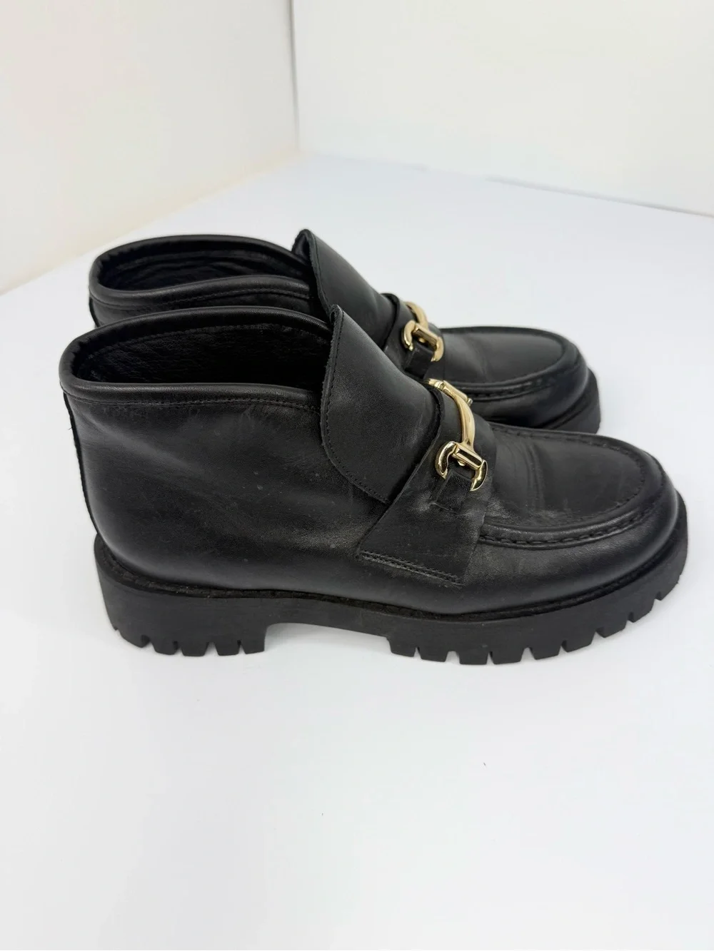 Steve Madden LEON Black Leather Horse bit Toe Chunky Platform Lug Sole Loafers